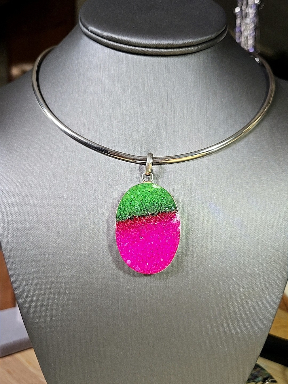 Green and Pink Watermelon Crystal Druzy Oval Pendant In 925 Silver